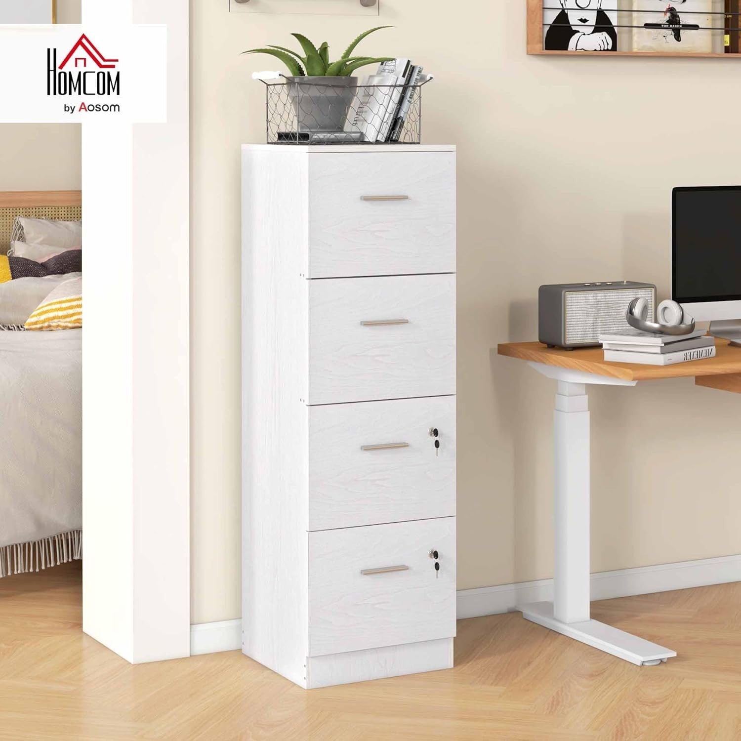 4 Drawer Vertical Filing Cabinet with Lock Office Storage White Wood Effect