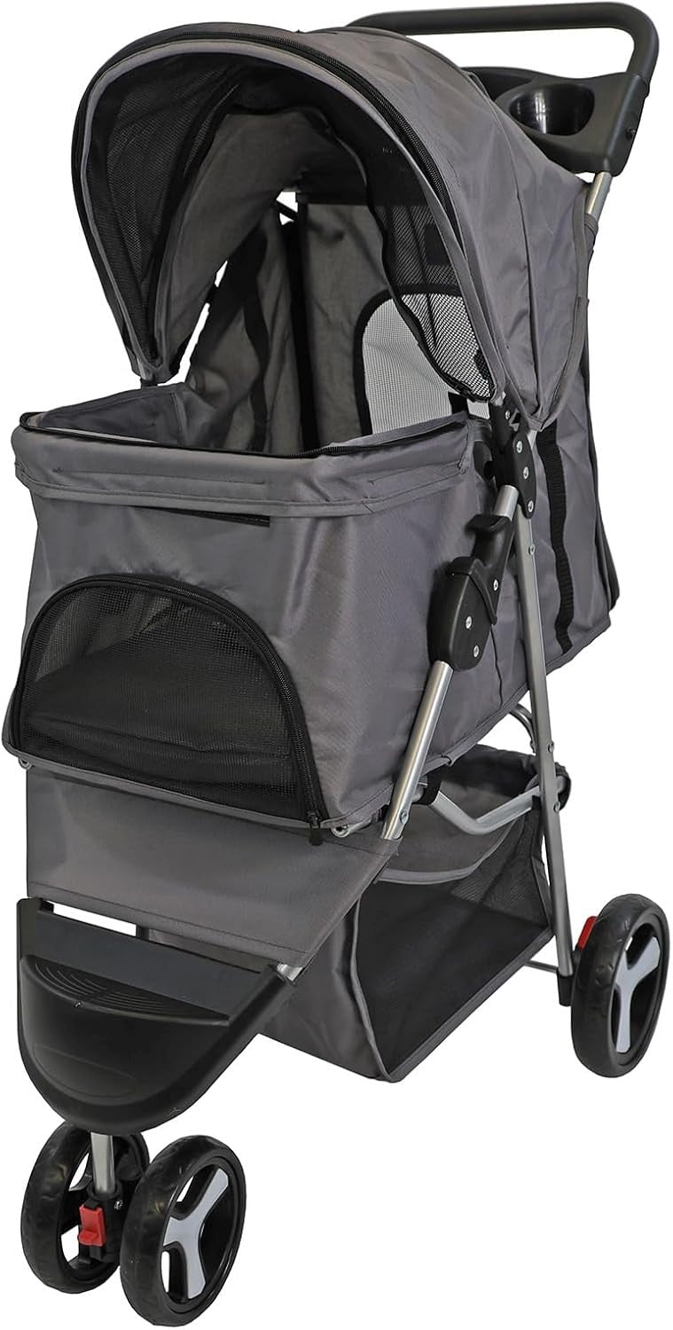 Grey Foldable Pet Stroller 4 Wheel Puppy Pushchair Weather Cover 15kg