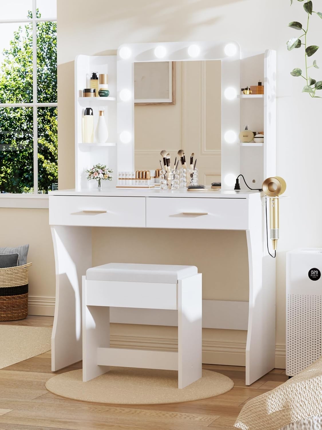 Modern White Vanity Dressing Table Set w/ Stool, 3-Color LED Light & Storage