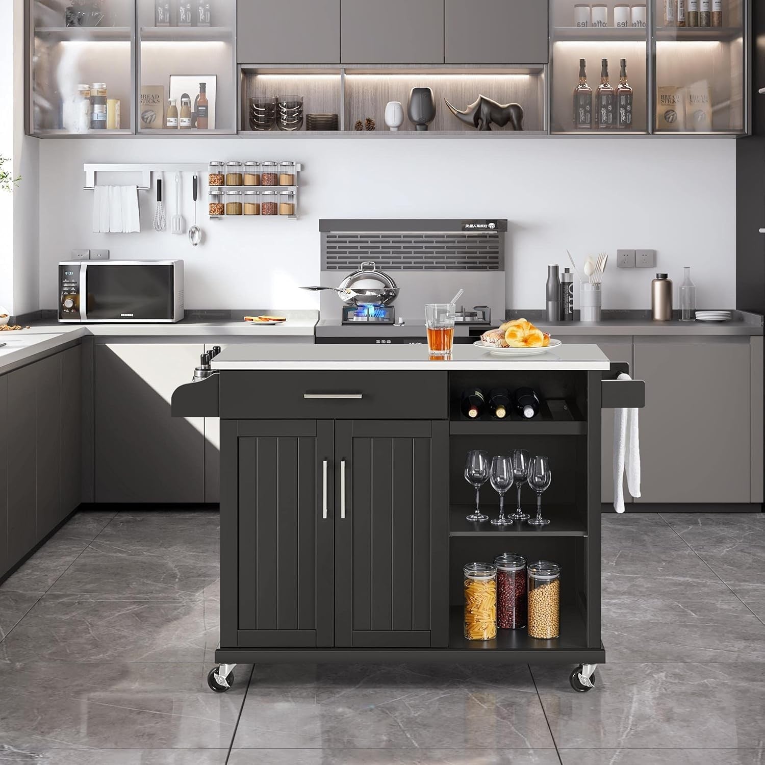 Kitchen Island Trolley on Wheels with Stainless Steel Top Drawer Wine Rack