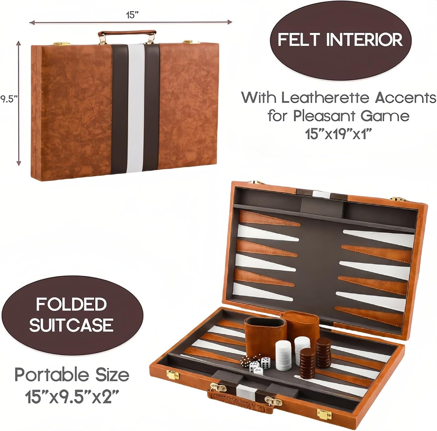 15” Backgammon Set Travel Leather Case Folding Board Luxury Strategy Game
