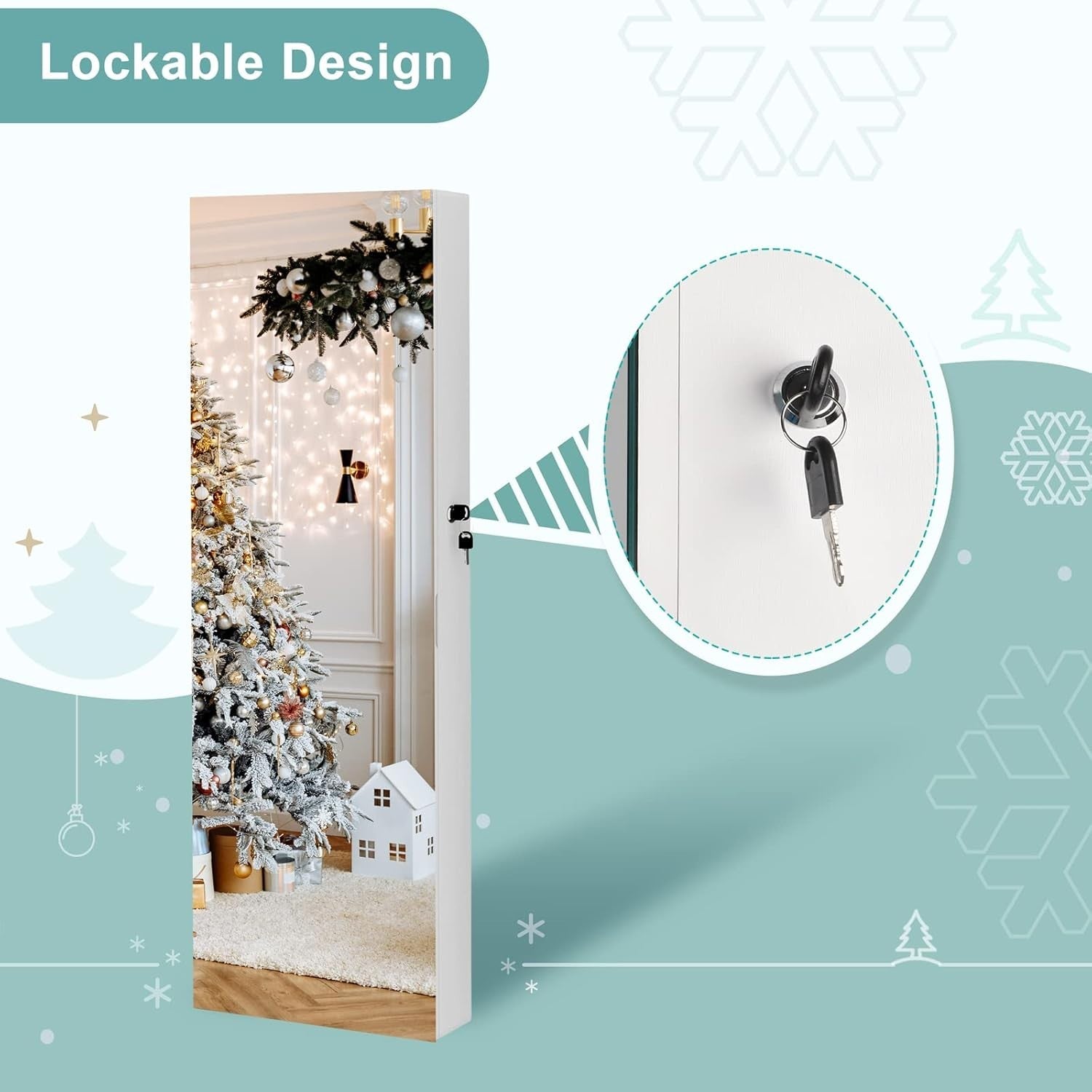 White Wall Mounted Jewelry Organizer Mirror Lockable Door Hanging Cabinet