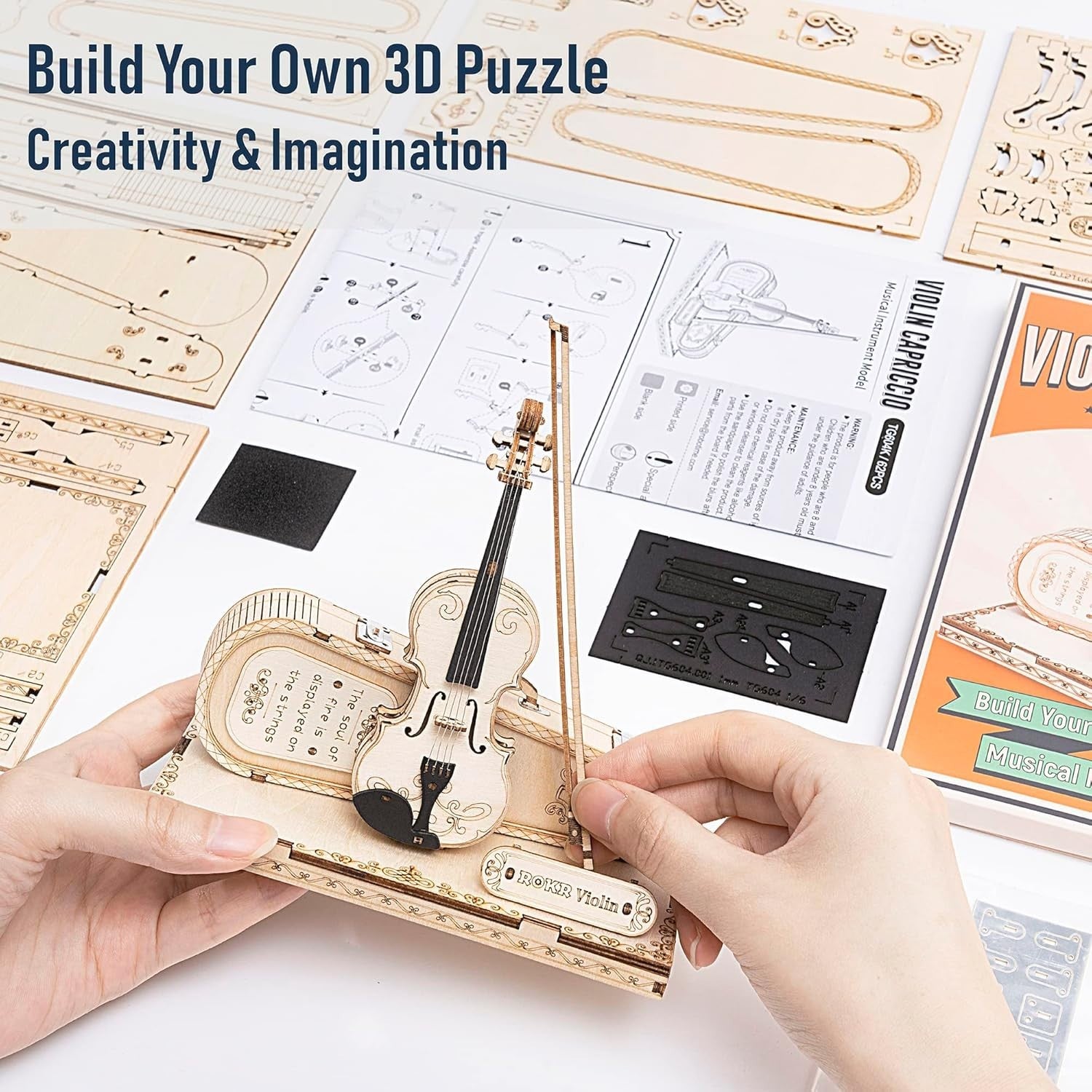 3D Wooden Violin Puzzle Model Kit - DIY Music Craft, 62 Pieces, Easy Assemble