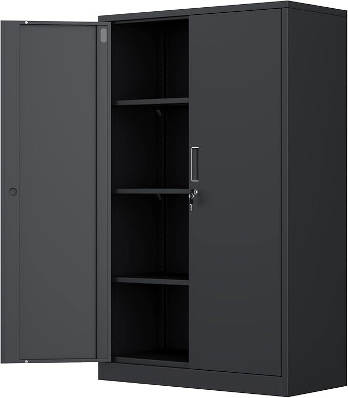 Tall Metal Storage Cabinet with Lock & 3 Adjustable Shelves Office Cupboard