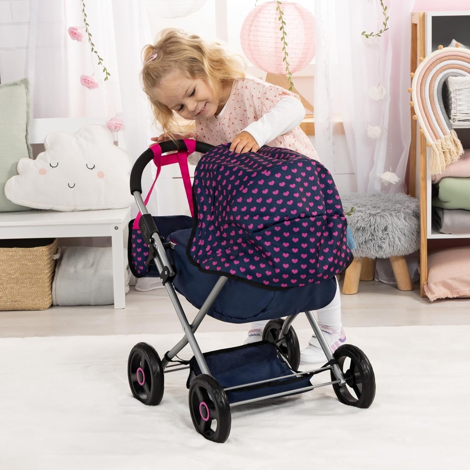 Dolls Pram Cosy Pushchair Foldable with Bag Blanket Pillow Basket
