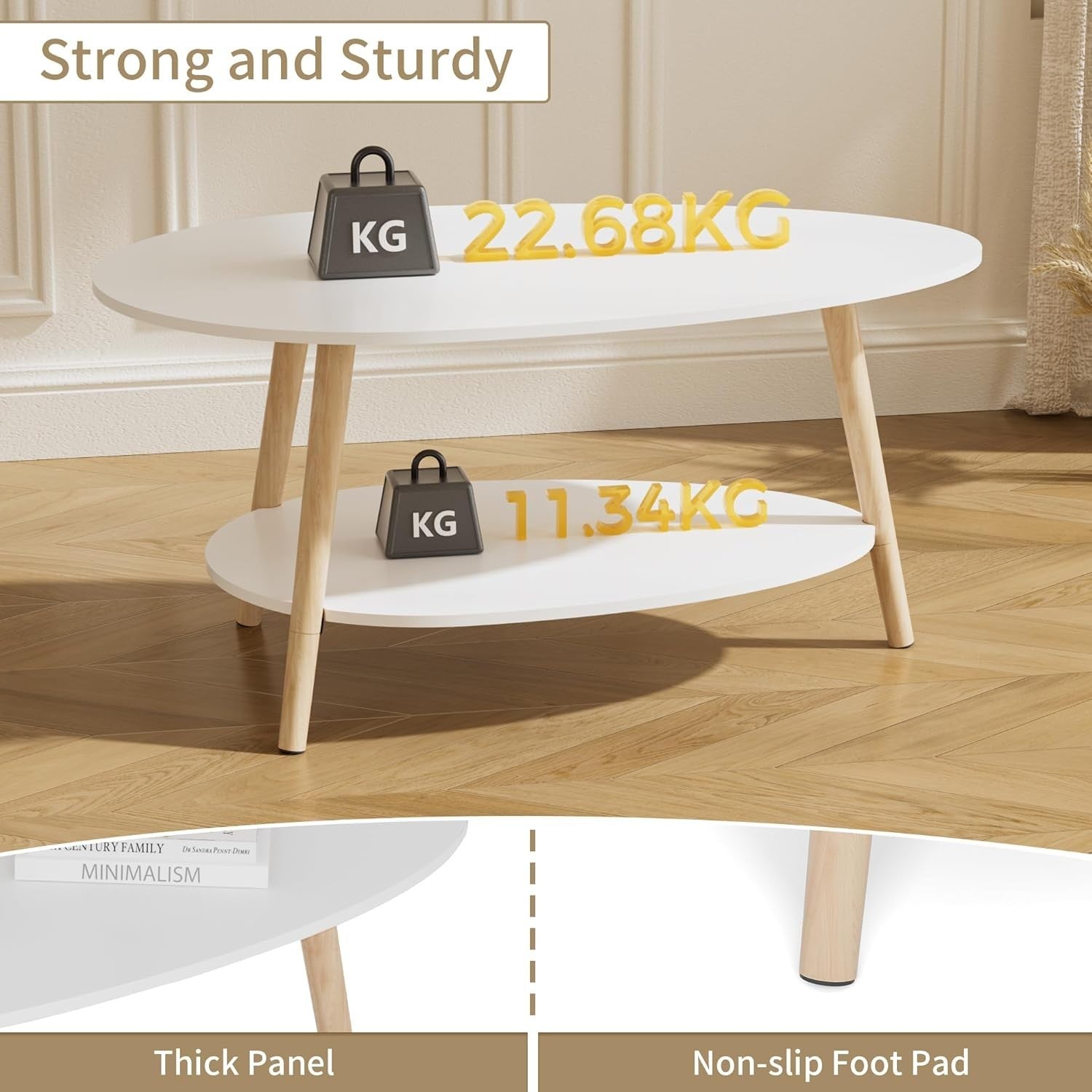 Modern Oval Coffee Table White 2-Tier Storage 90x50cm Small Space Table