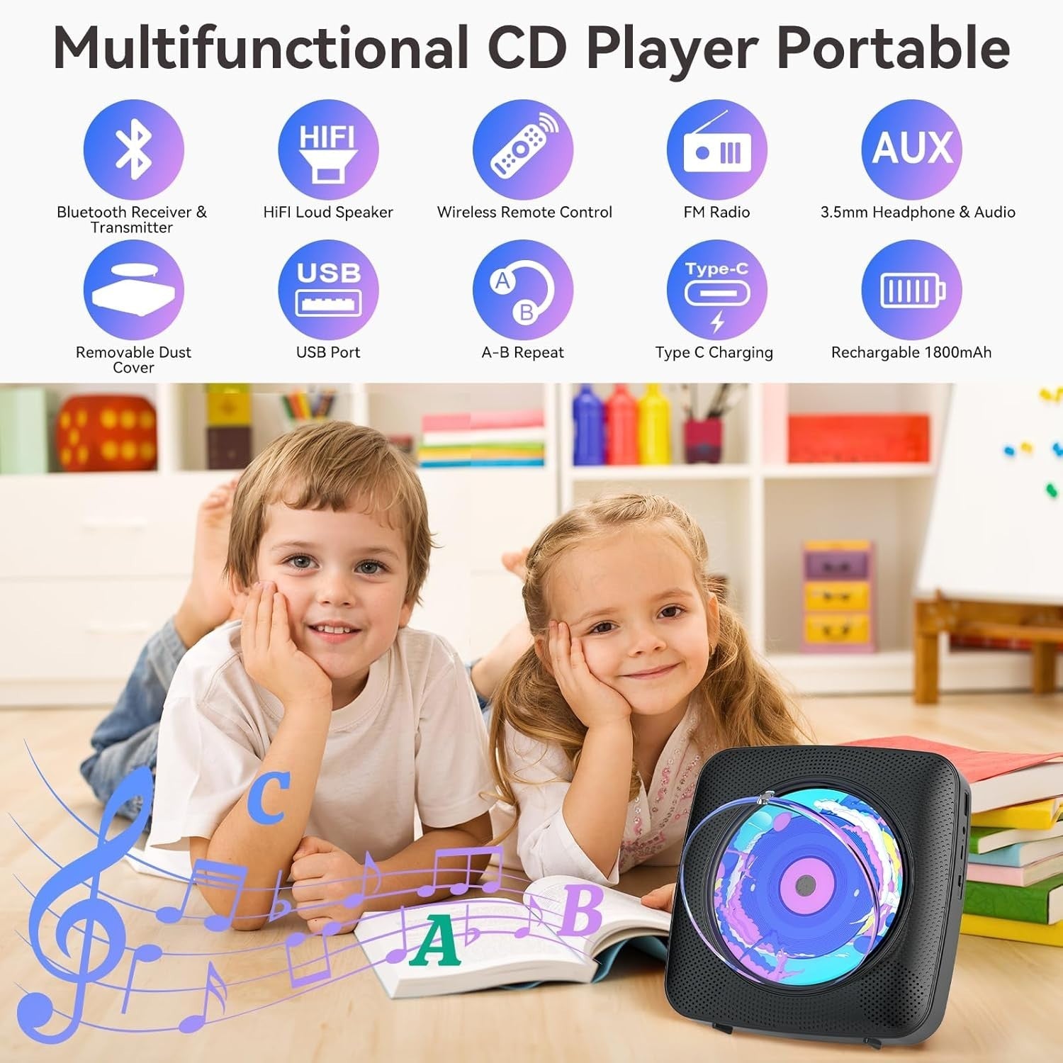 Portable CD Player Bluetooth Speakers FM Radio USB AUX Remote Black