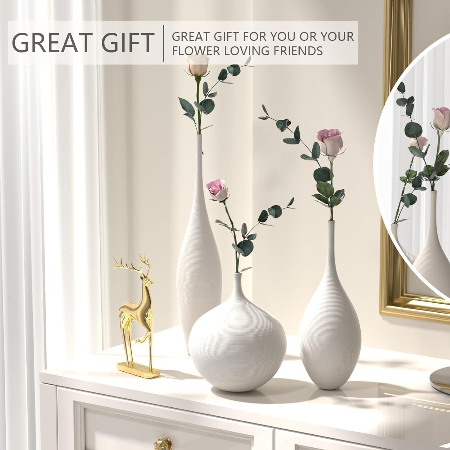 White Ceramic Vase Set of 3 Modern Minimalist Pampas Decor Centerpieces