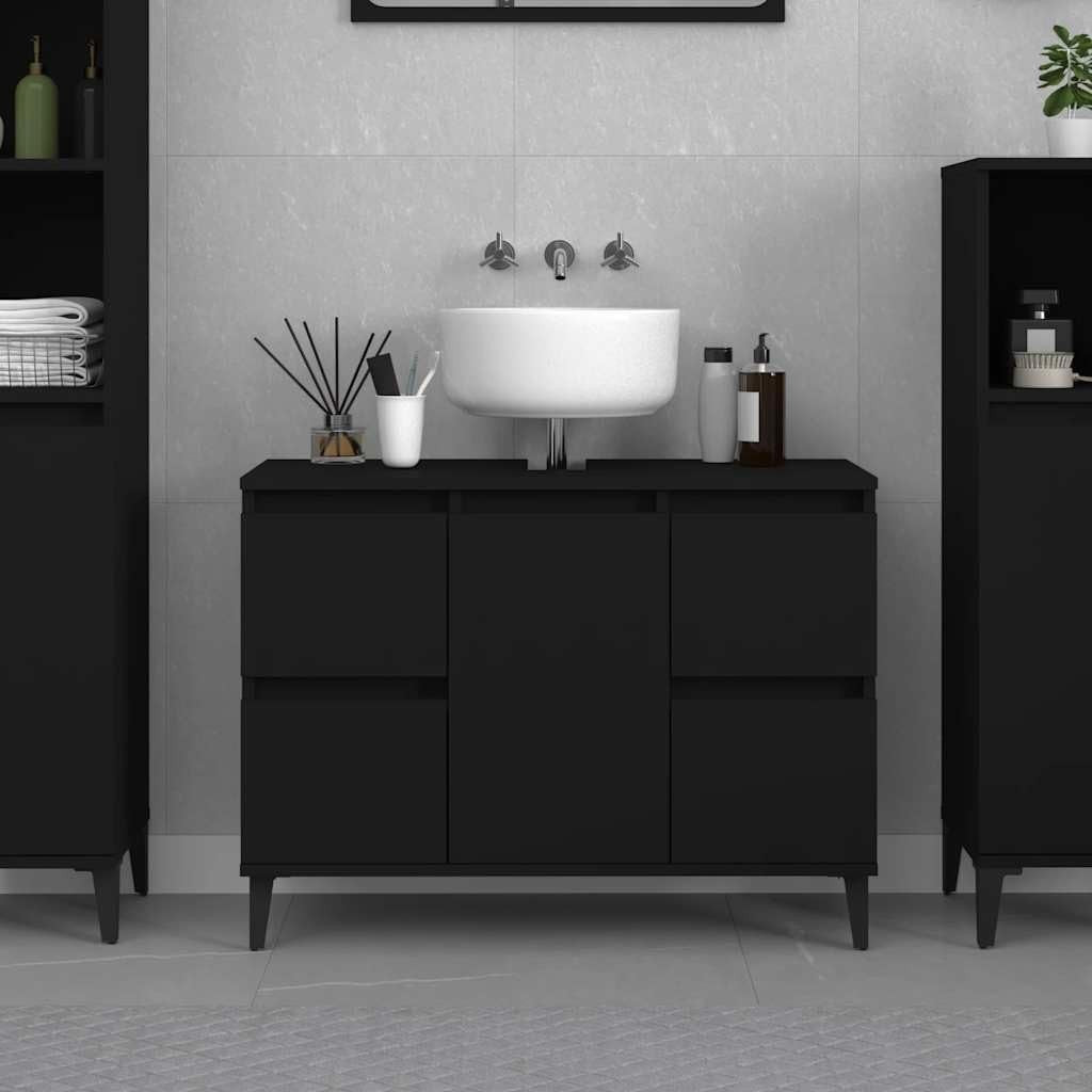 Black Under Sink Bathroom Cabinet 4 Drawer Vanity Unit Modern 80x60cm MDF
