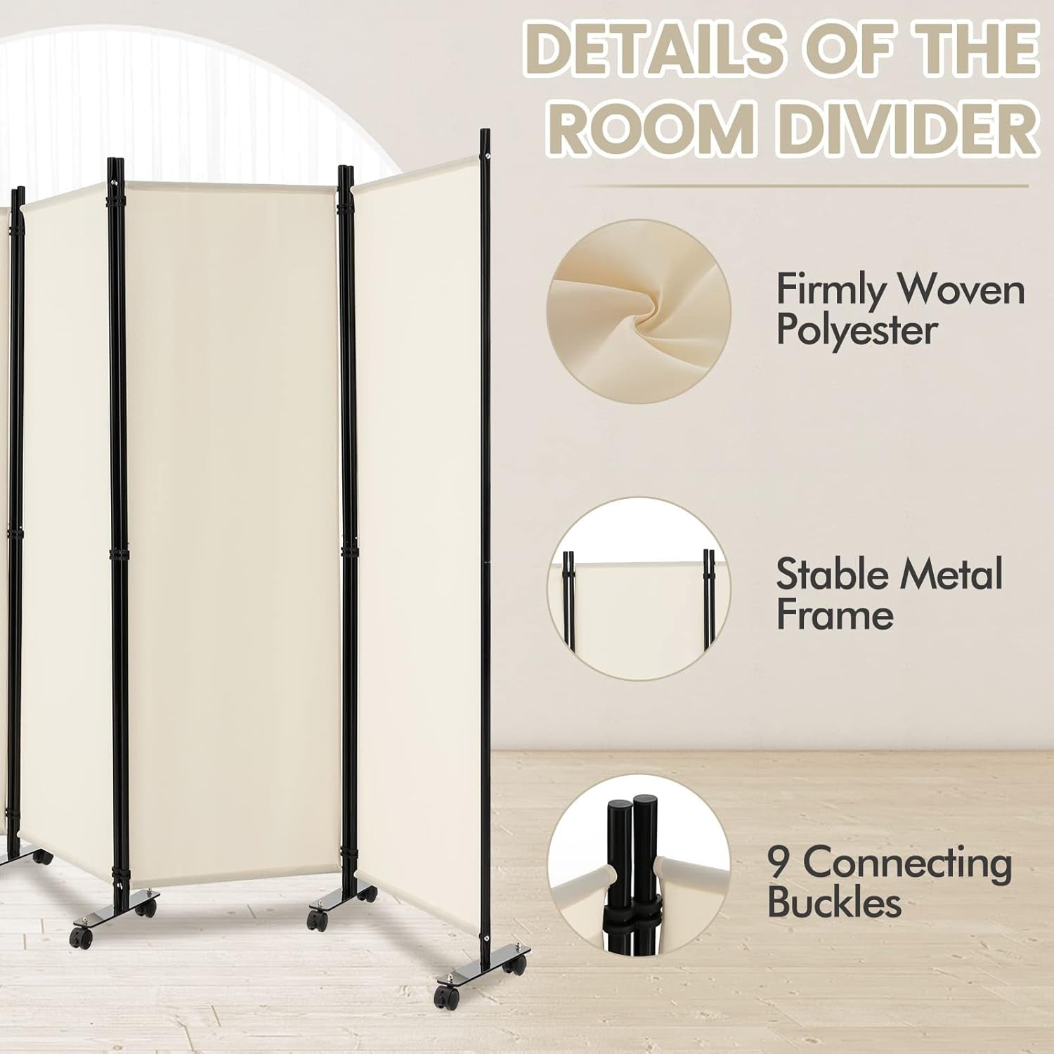 4 Panel Beige Folding Room Divider Privacy Screen on Wheels for Home Office