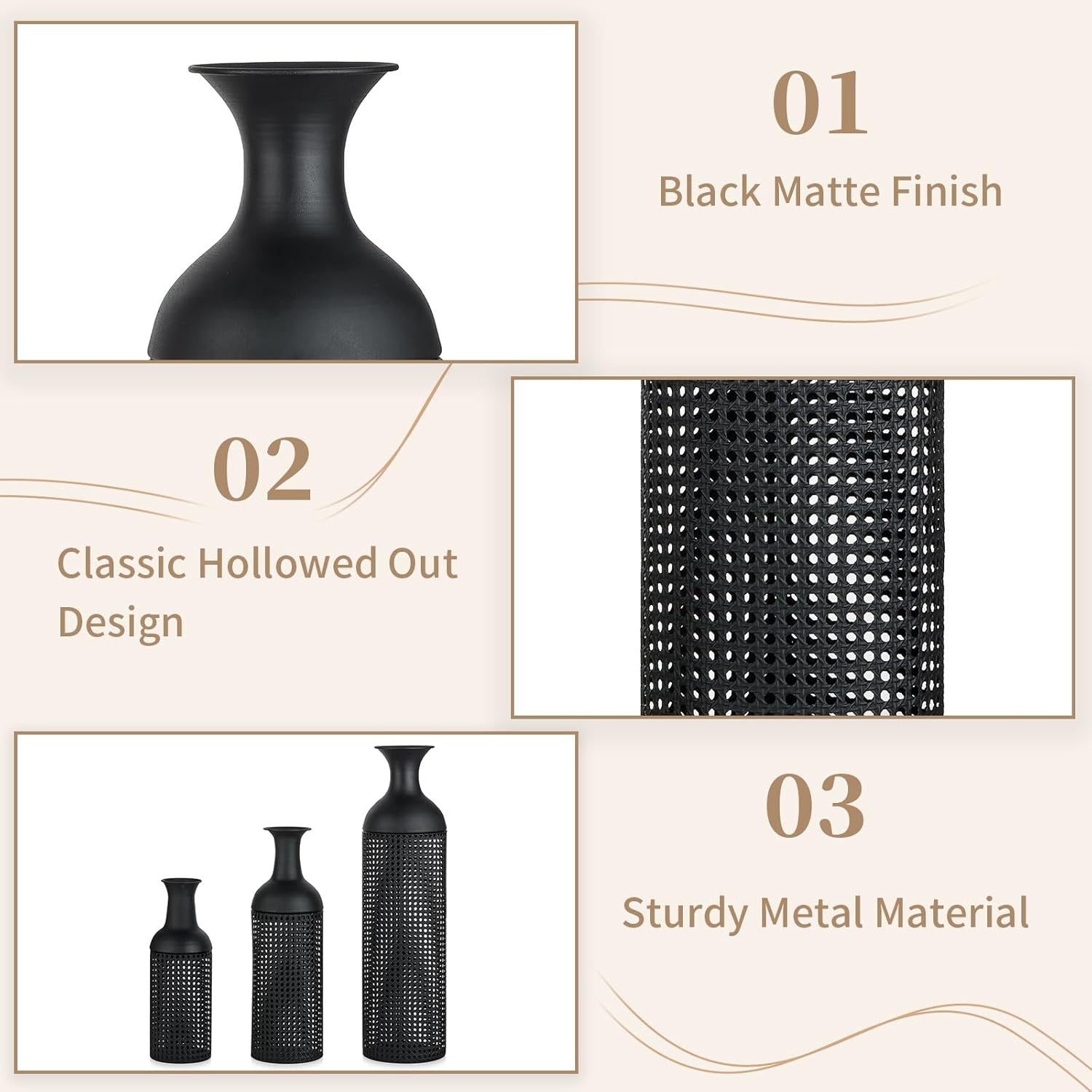 Black Metal Floor Vase Set Tall Modern Living Room Decor 3pcs Statement