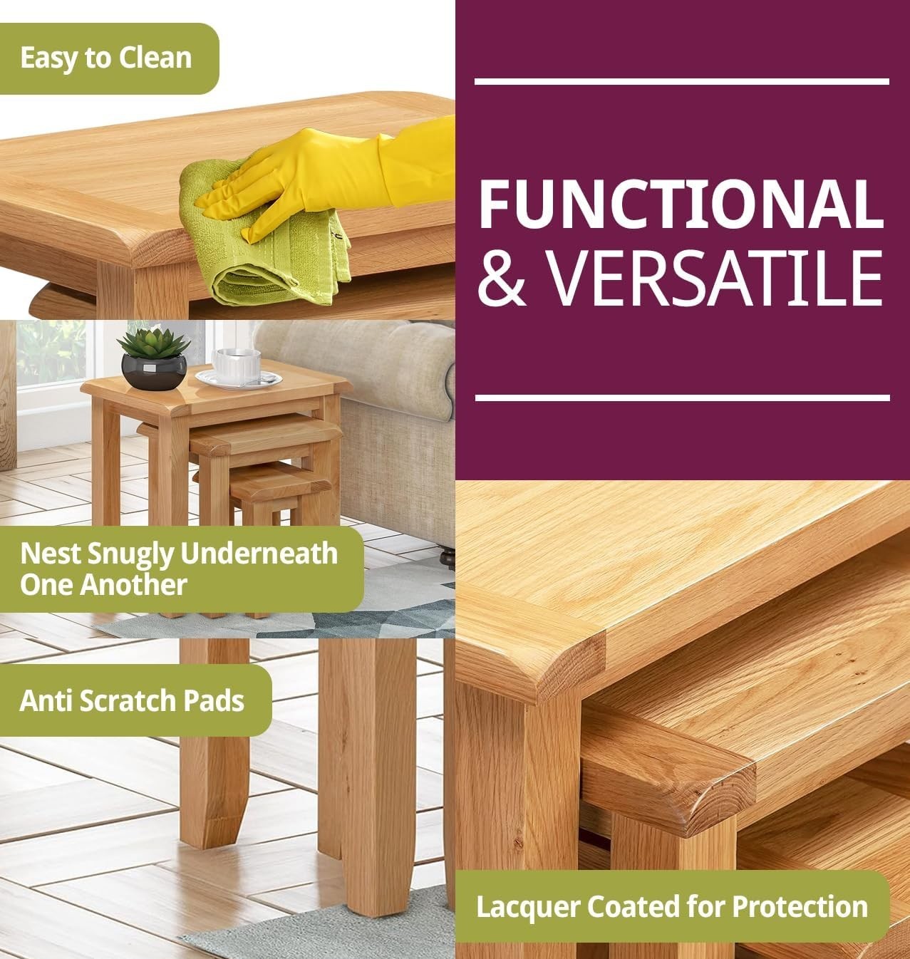Nest of 3 Coffee Tables Solid Oak Wood Light Rustic Side End Set Space Saving