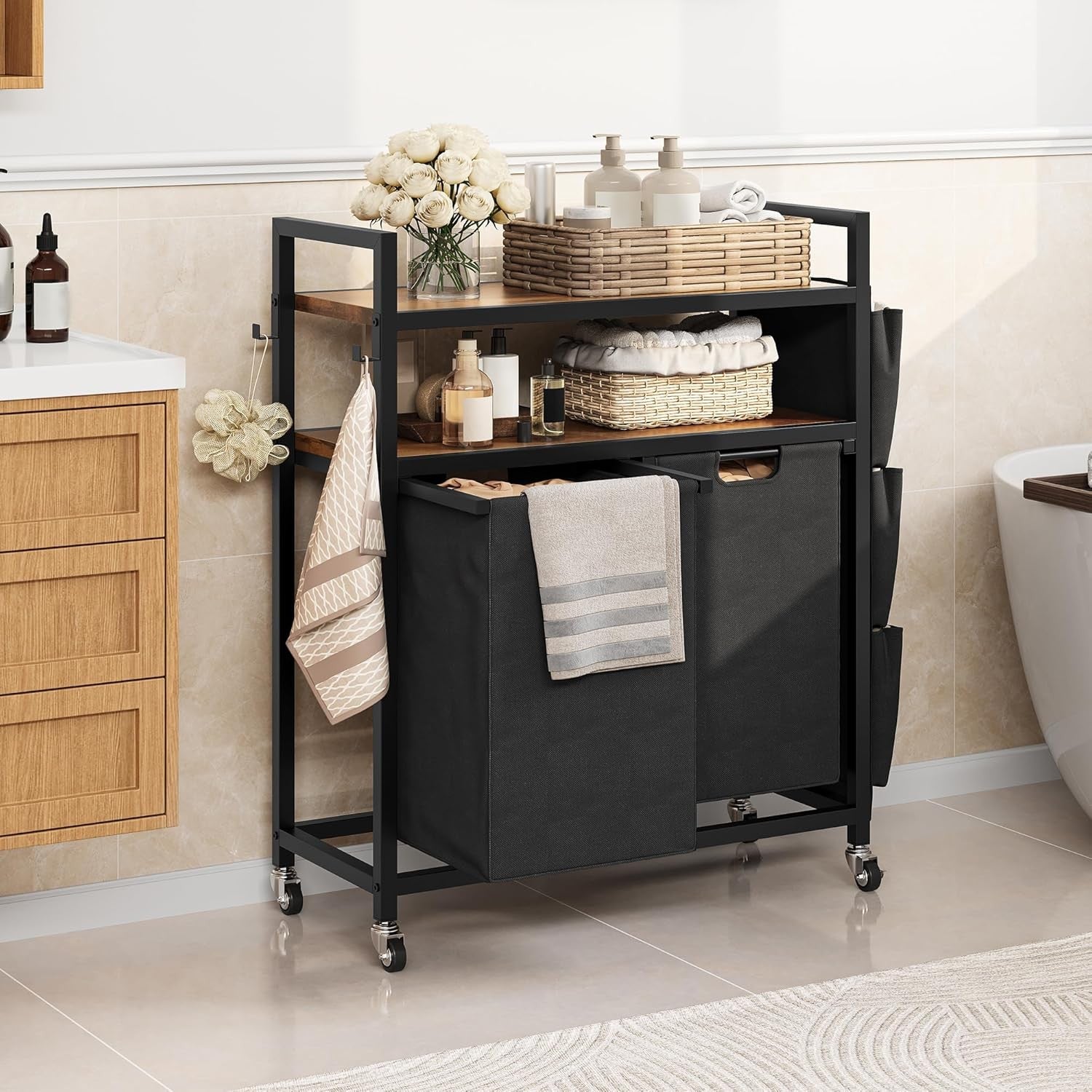 Freestanding Laundry Sorter with Shelves & Wheels | 2 Pull-Out Bags | 71cm Wide