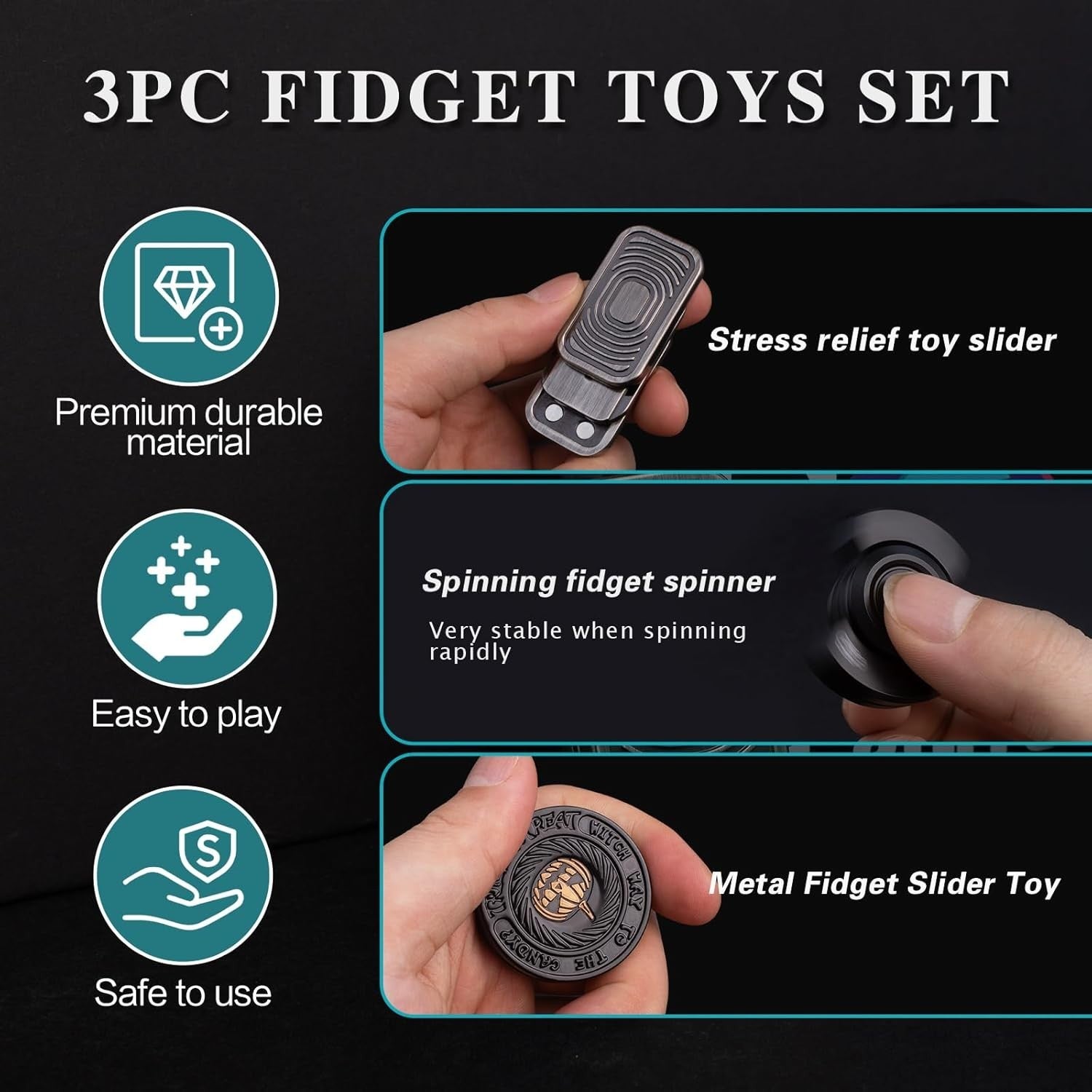 3pc Metal Fidget Set Slider Spinner Haptic Coin Stress Focus