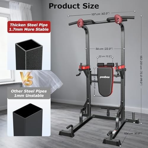 Black Power Tower Dip Station Pull-Up Bar with Supine Board Home Gym