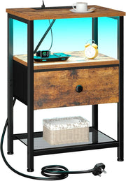 Brown LED Bedside Table with Charging Station Drawer & Storage Shelf