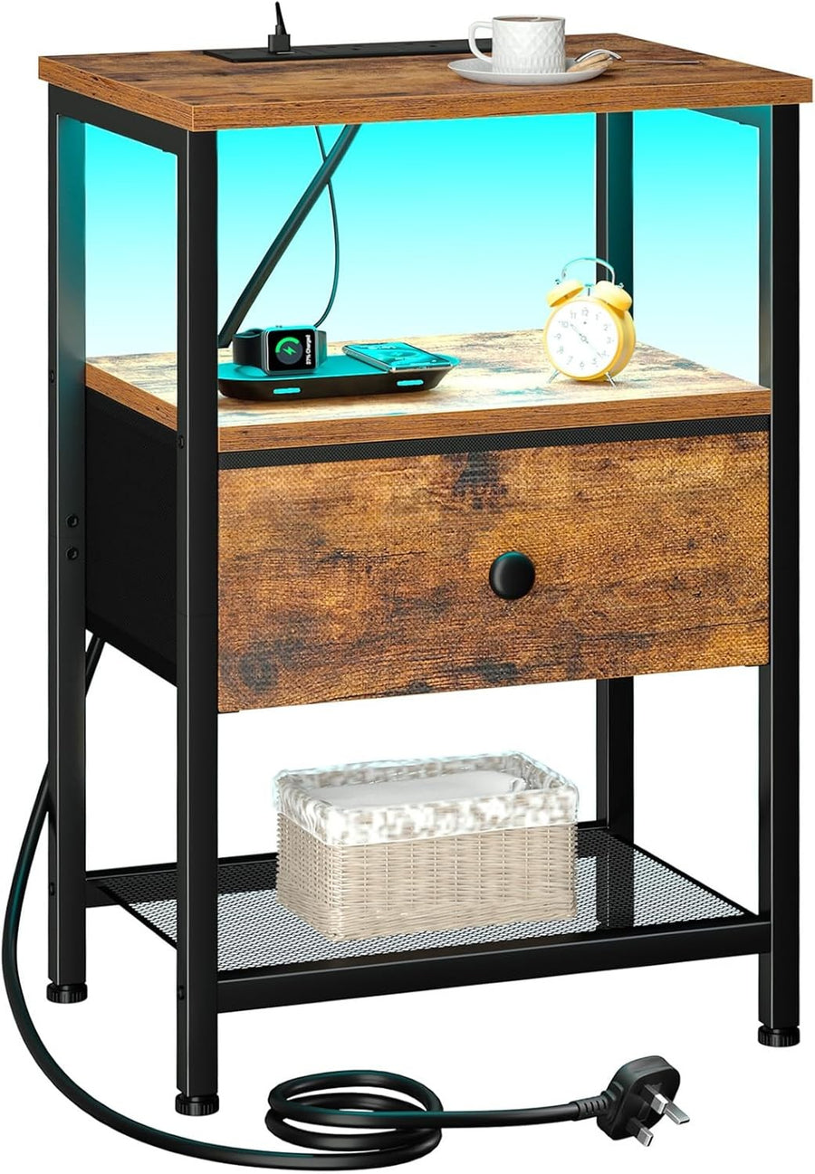 Brown LED Bedside Table with Charging Station Drawer & Storage Shelf