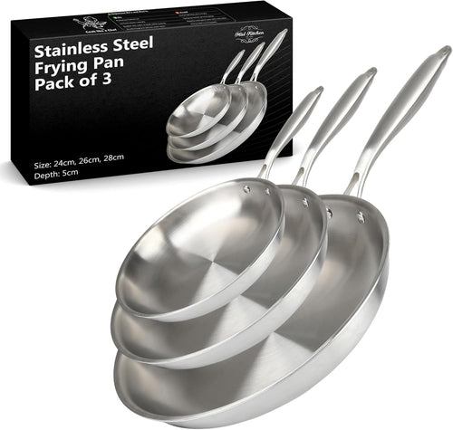 3pcs Stainless Steel Frying Pan Set 24 26 28 cm Induction Oven & Dishwasher Safe