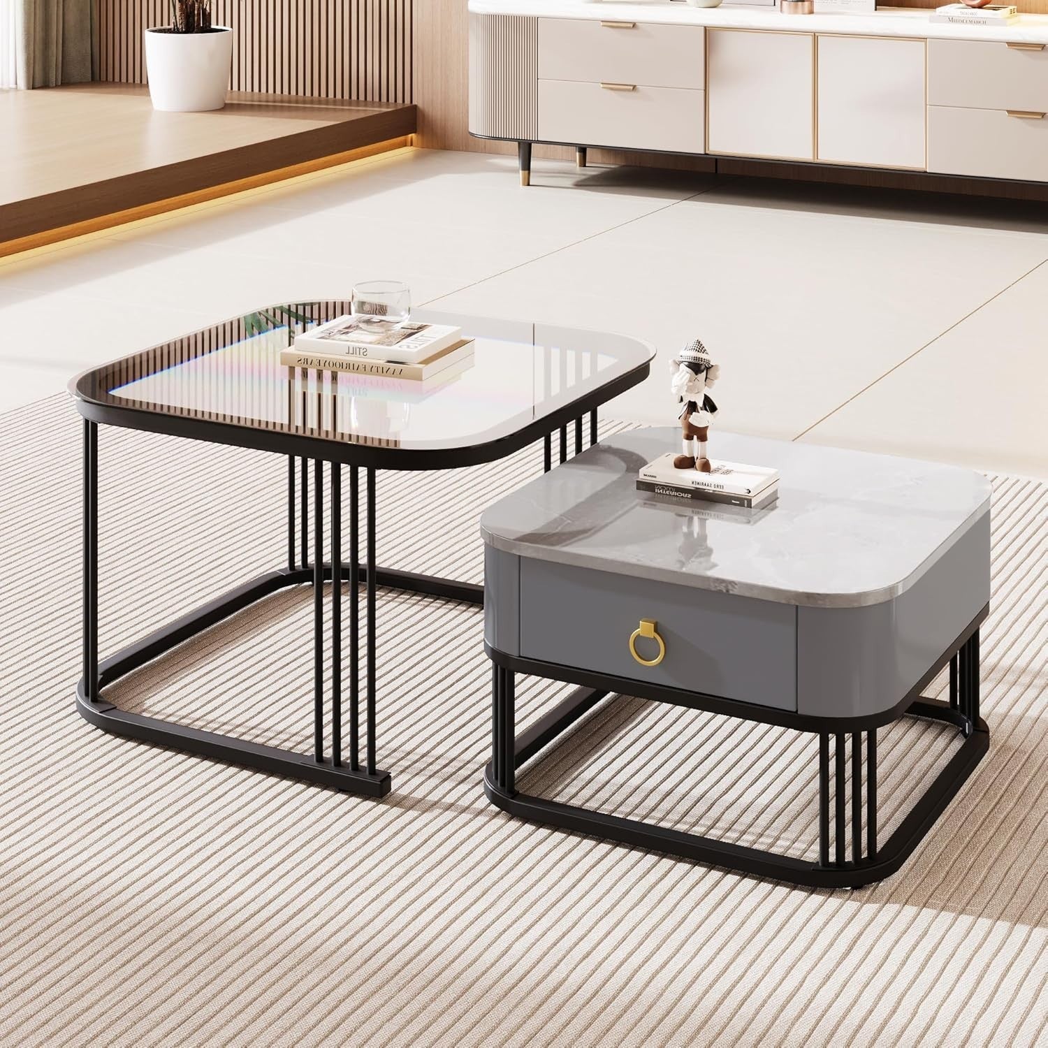 2x Nesting Coffee Tables Set Storage Drawer Marble Look & Glass Top Metal Frame