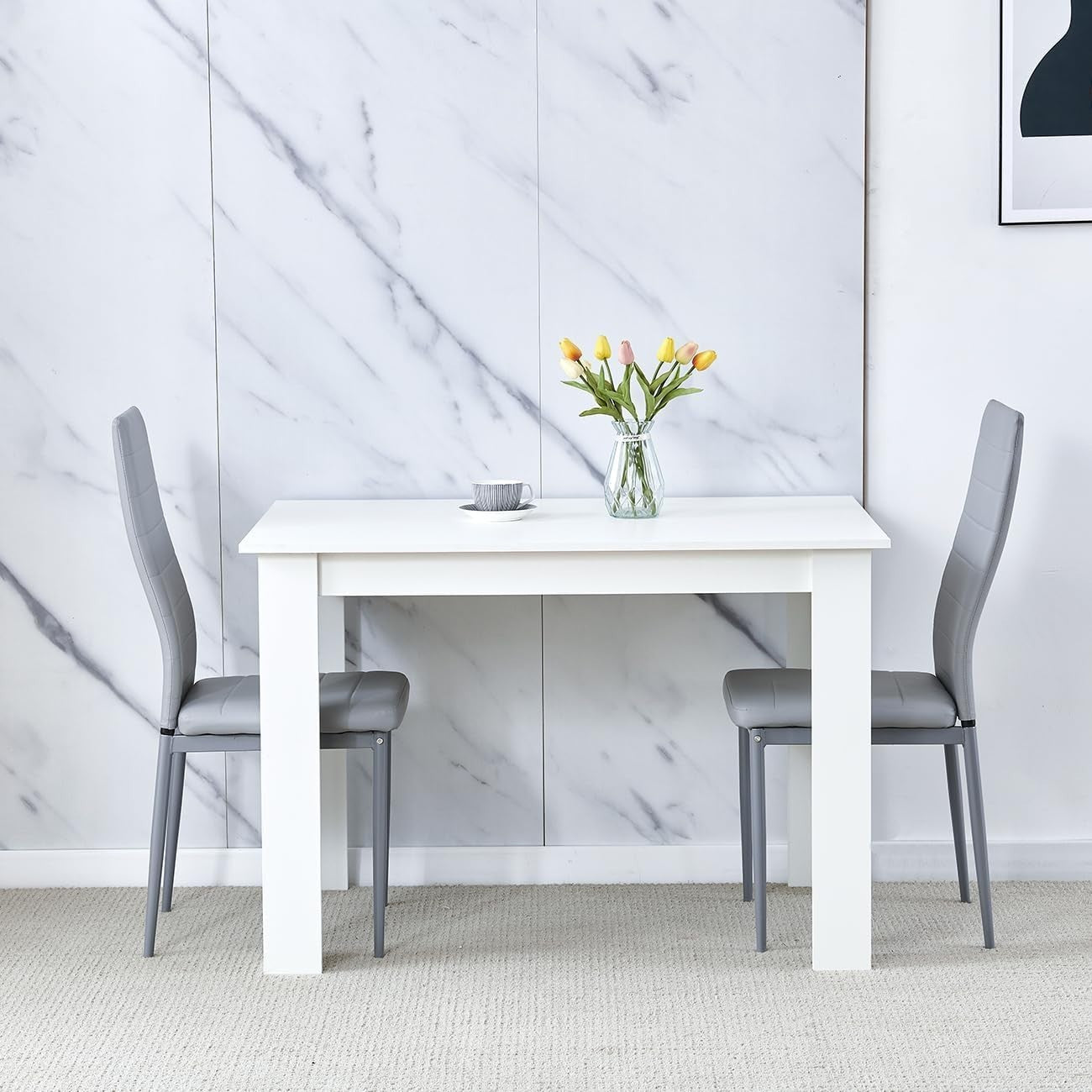 White Dining Table Set with 4 Grey PU Leather Chairs Space-Saving Kitchen