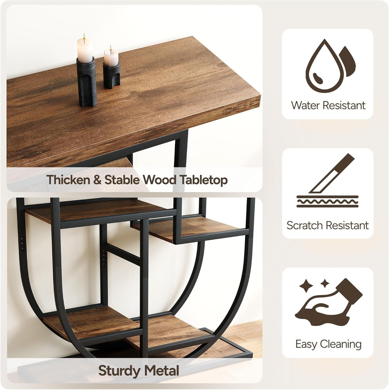 Narrow Rustic Console Table with Storage Shelves & Metal Frame 103cm