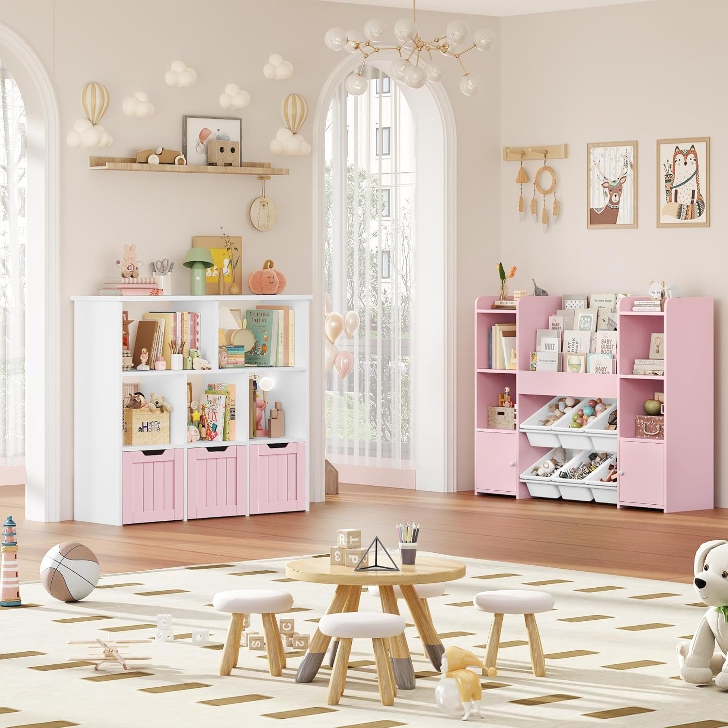 Kids Toy Storage Cabinet with Shelves & Drawers Nursery Playroom Organizer Pink