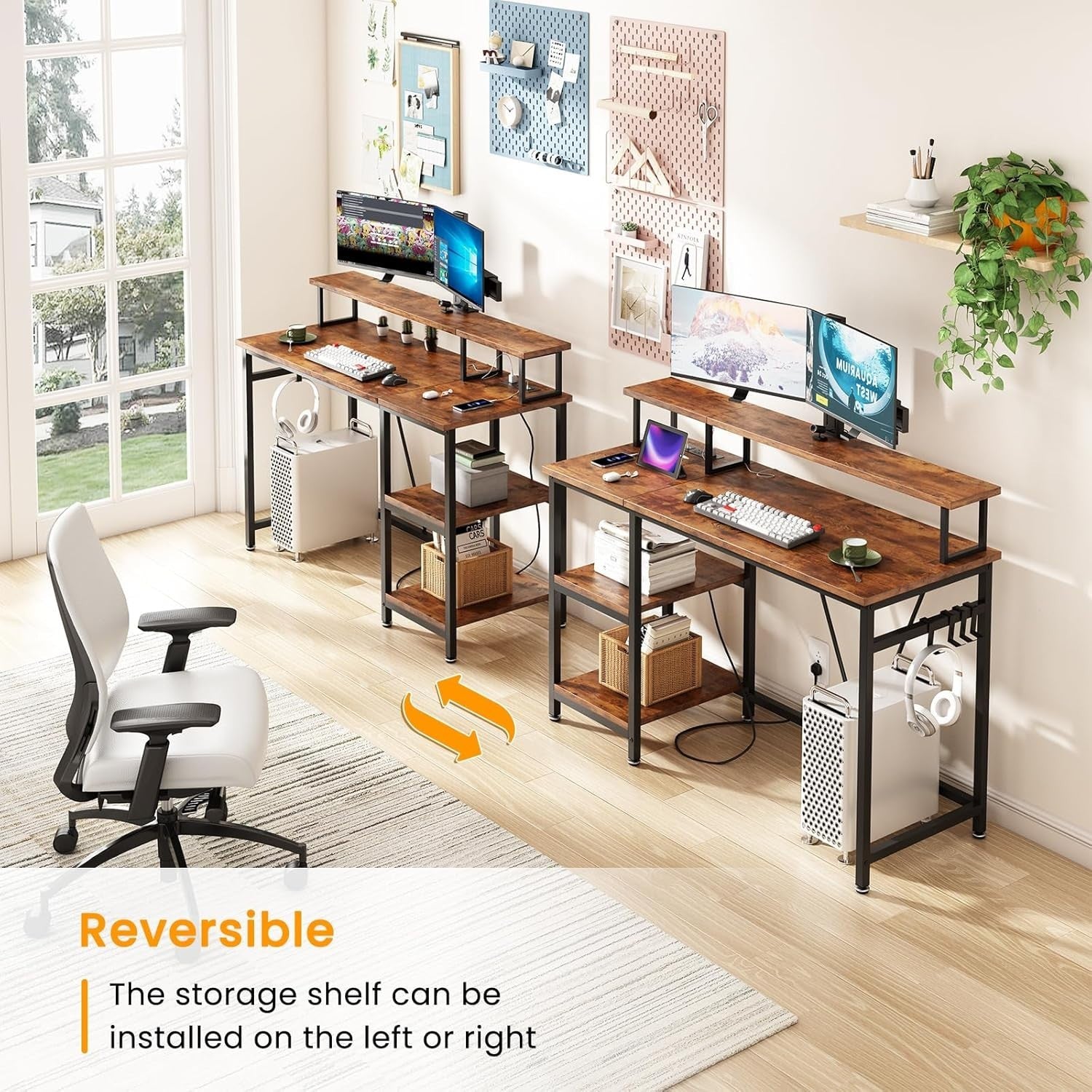 Reversible Rustic Brown Computer Desk w/Power Outlet & Monitor Stand