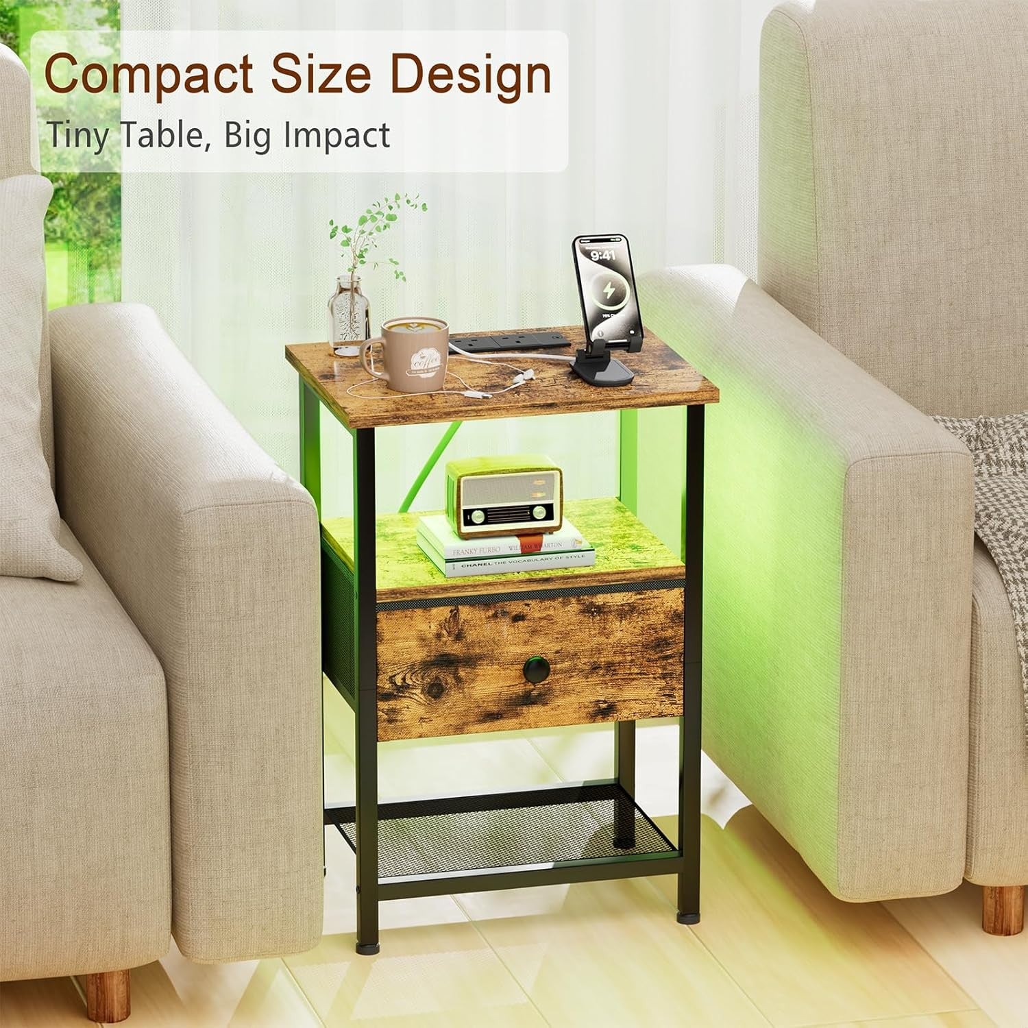Brown LED Bedside Table with Charging Station Drawer & Storage Shelf