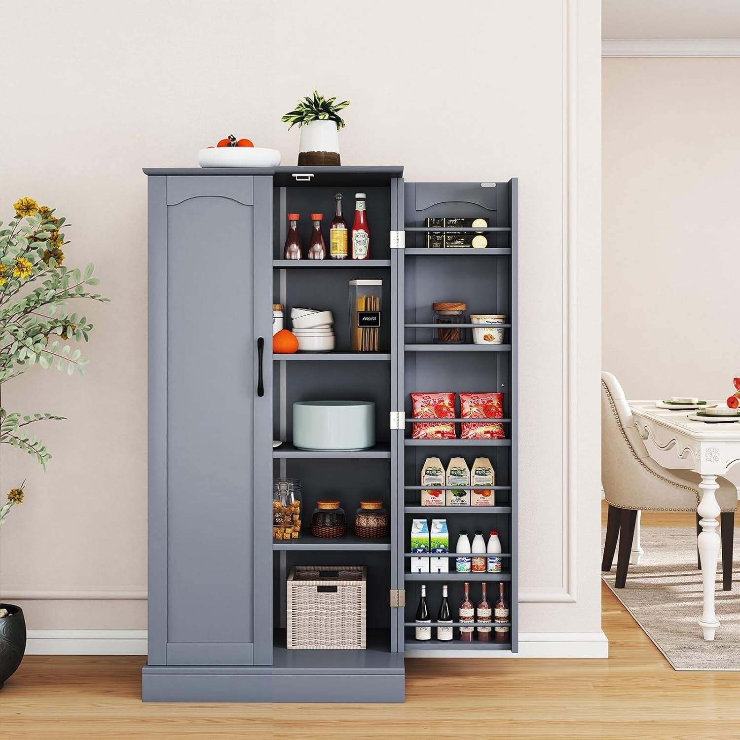 Grey Kitchen Pantry Cupboard Tall Storage Cabinet with Adjustable Shelves