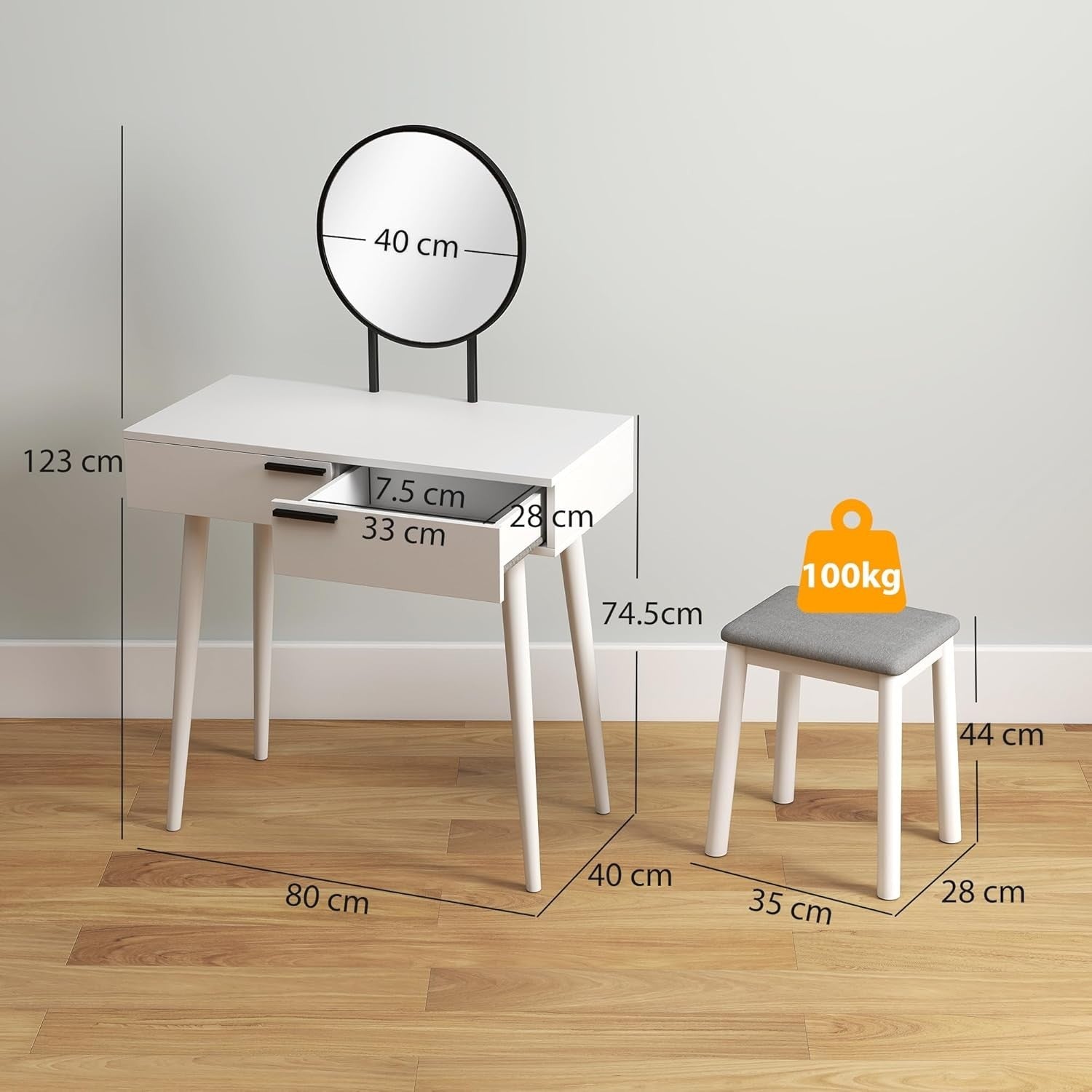 White Dressing Table Stool Set Mirror Drawers Makeup Vanity Desk Bedroom