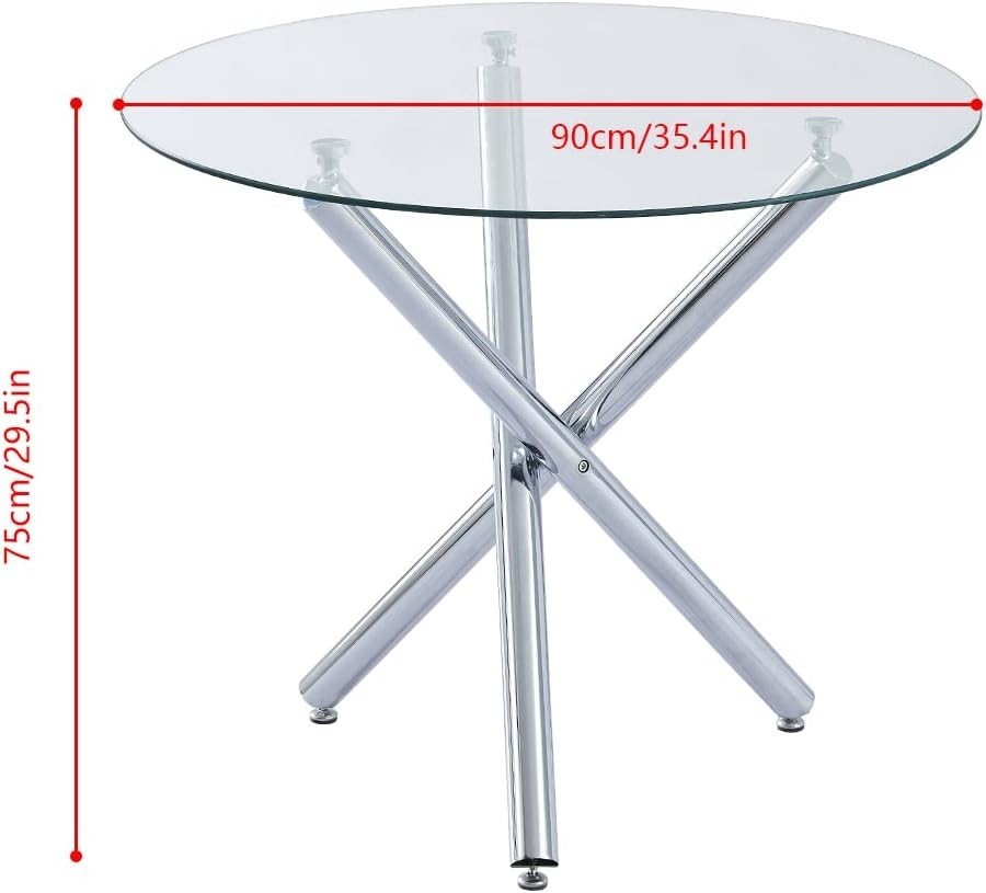 Round Glass Dining Table Set with 4 Black Linen Chairs for Small Spaces