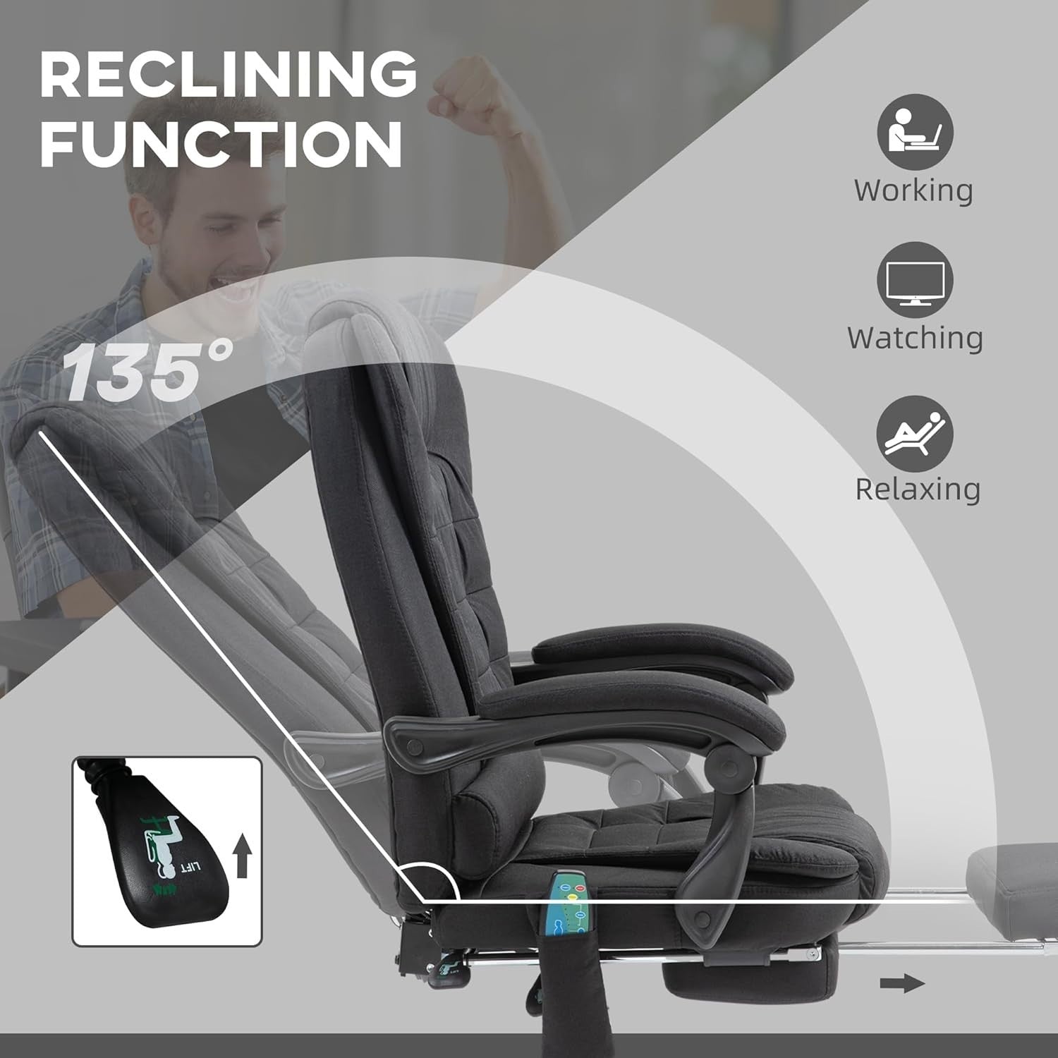 Reclining Massage Office Chair Heated Footrest High Back Linen Black Swivel Desk