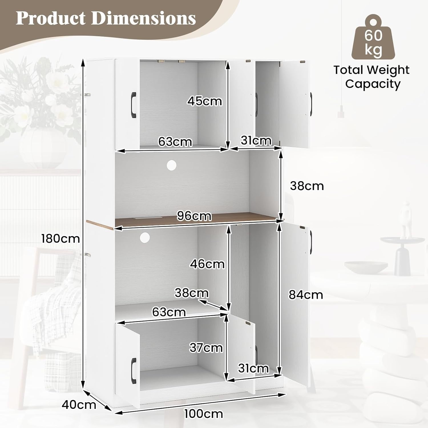180cm Tall Kitchen Storage Cabinet 6-Door Pantry White | Built-in Outlet
