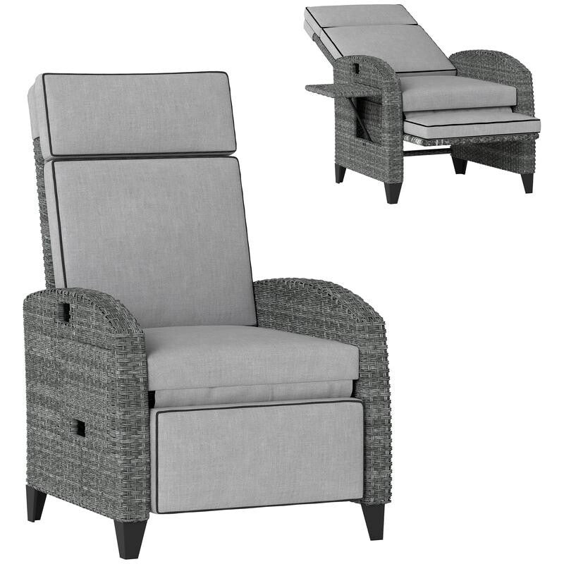 Rattan Recliner Garden Chair – Cushioned PE Wicker Seat w/ Footrest & Tray