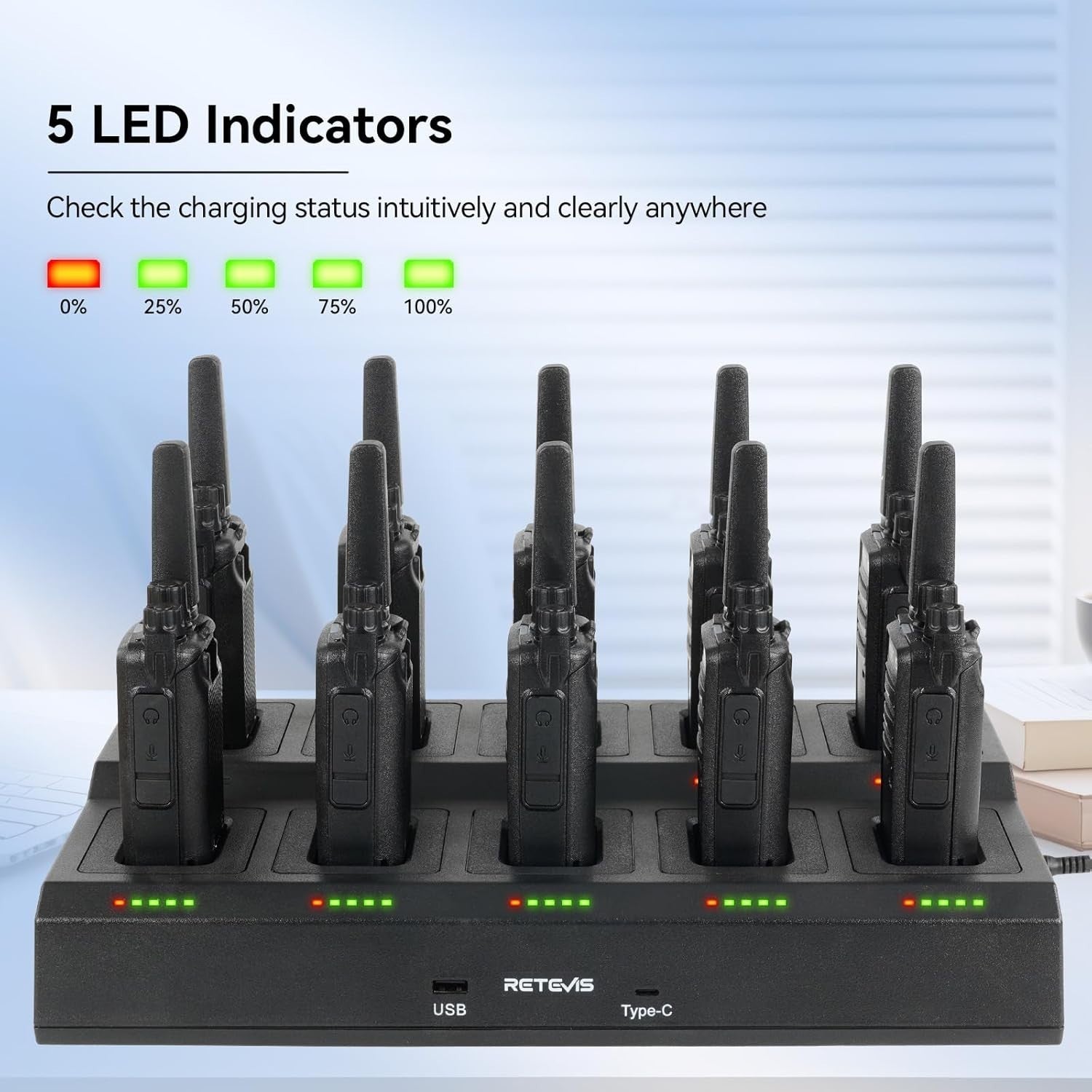 Professional Walkie Talkies 10 Pack PMR446 VOX Rechargeable w/ Charger