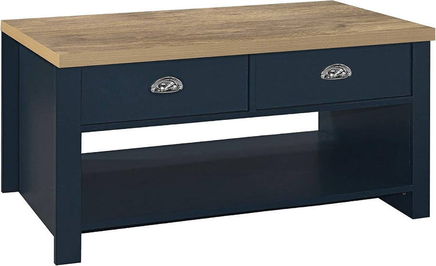 Rustic Blue Oak Coffee Table with 2 Drawers – Farmhouse Storage & Chic Design