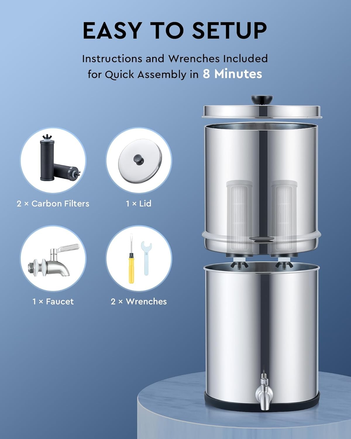 Gravity Fed Water Filter 8.5L Stainless Steel Countertop Purifier NSF