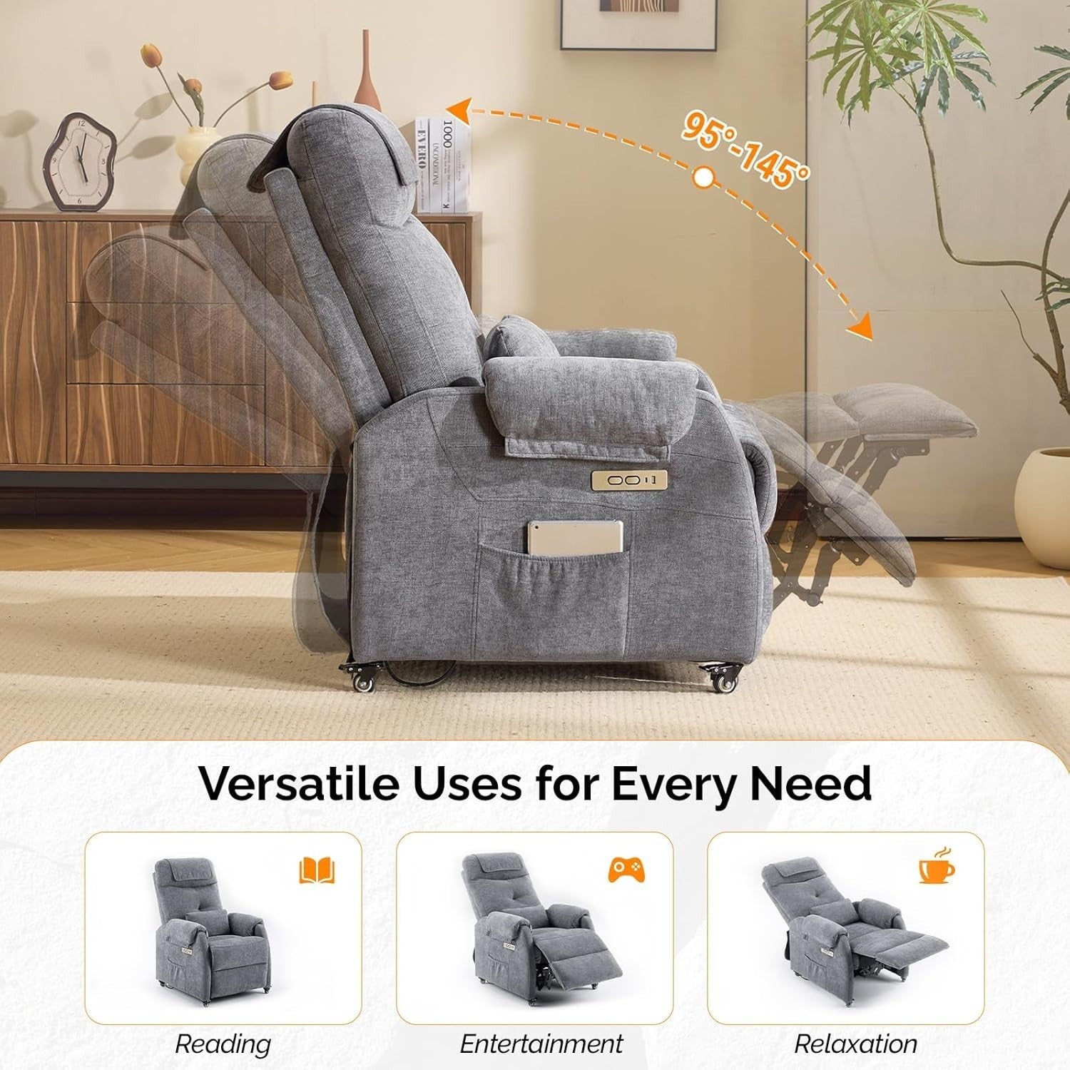 Electric Recliner Chair w/ Wheels Massage Heat High Back Footrest Fabric Grey