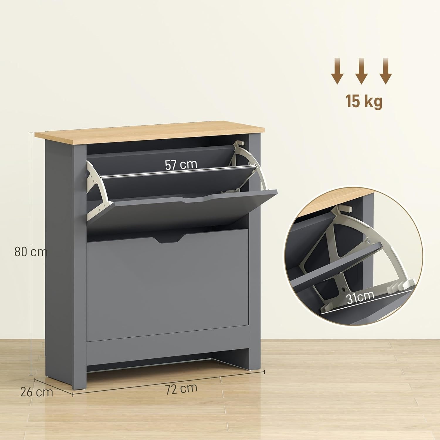 Space Saving Narrow Shoe Cabinet 2 Flip Drawers Adjustable Shelves Charcoal
