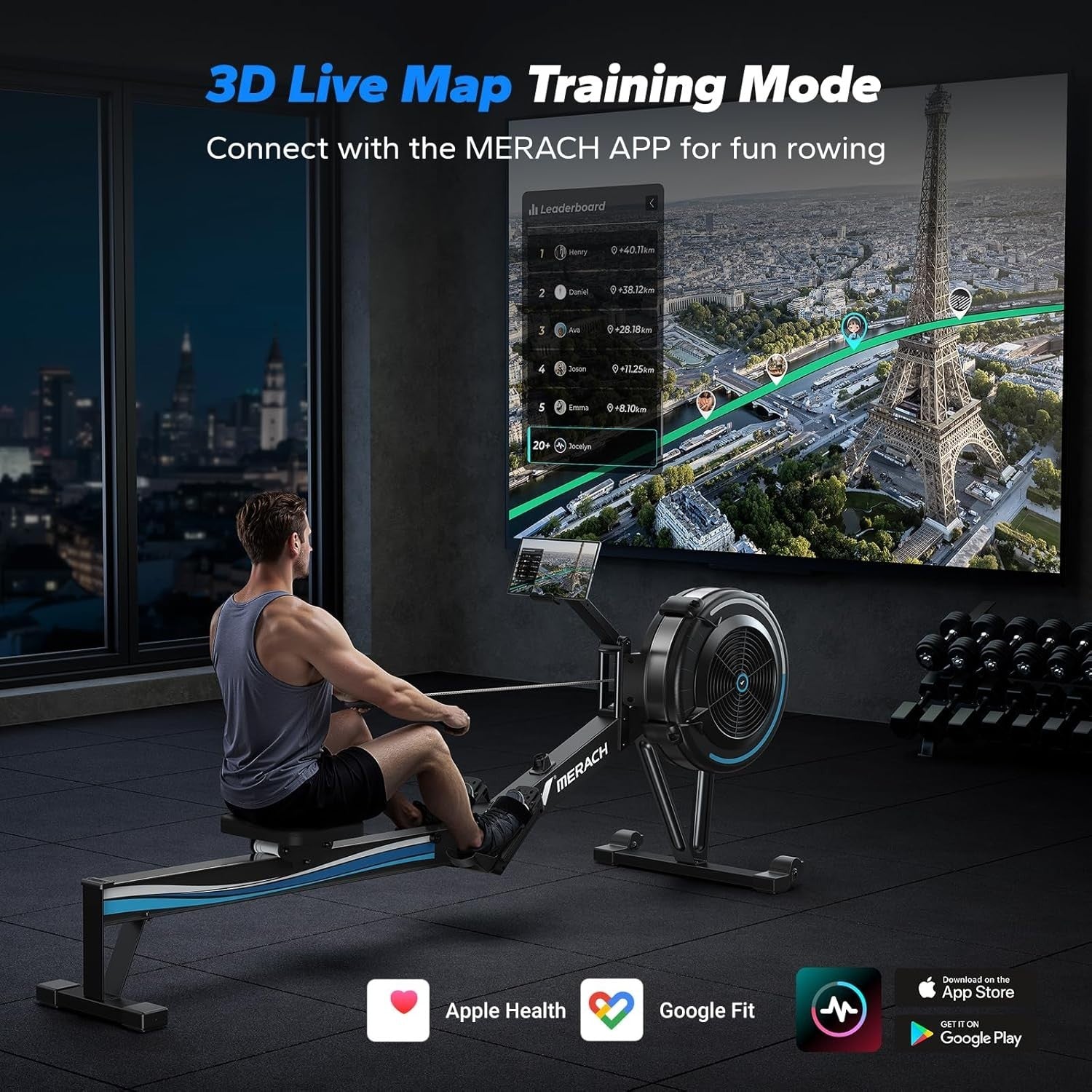 Air Rowing Machine 10-Level Adjustable Resistance Bluetooth Monitor Home Gym