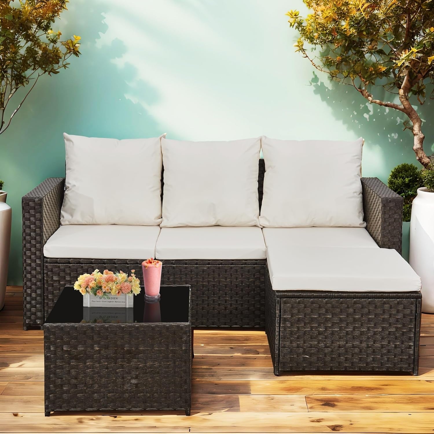 3PC Rattan Garden Corner Sofa Set Outdoor Patio Furniture w/ Table