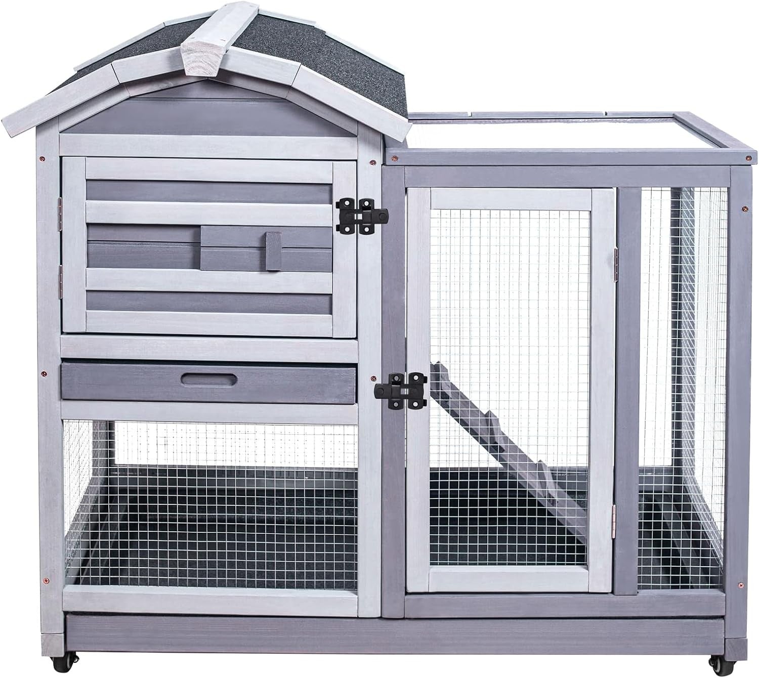 Indoor Outdoor Rabbit Hutch Wooden Cage With Wheels Ramp Secure Small Animal