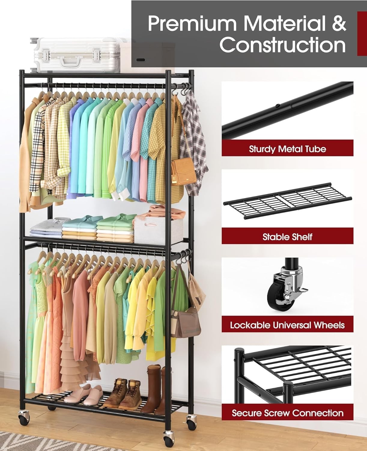 Heavy Duty Clothes Rail with Shelves & Wheels – Black 202cm