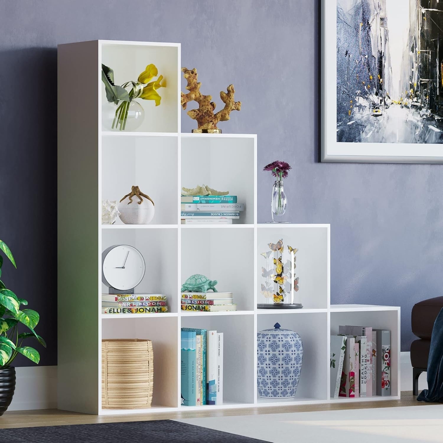 White 10 Cube Staircase Bookcase Storage Unit with 5 White Baskets – Modern