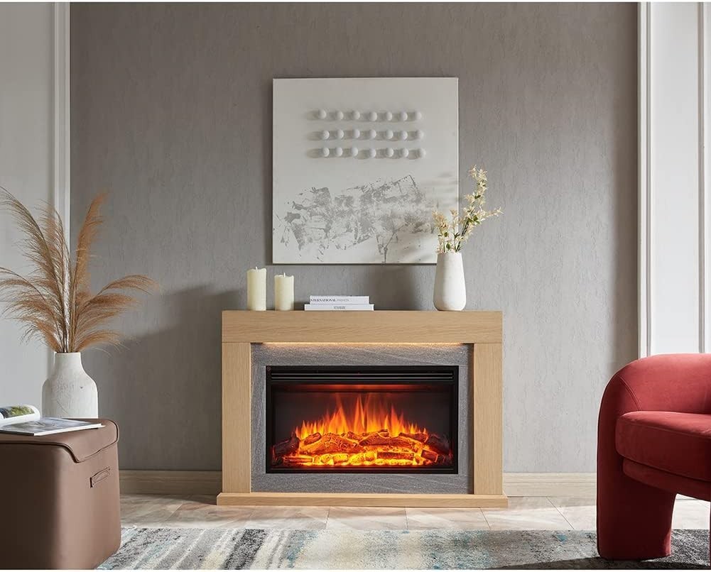 47" Electric Fireplace Heater with Realistic Flames, Oak Surround, Remote