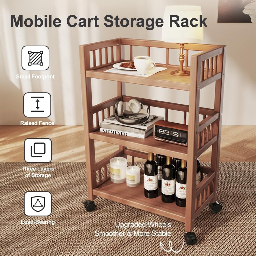 3 Tier Bamboo Storage Trolley on Wheels Rolling Utility Cart Organiser