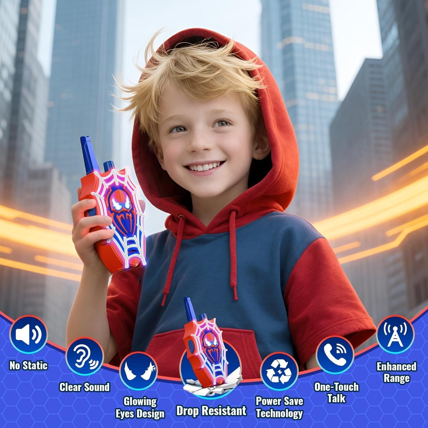 Kids Walkie Talkies Toy 2 Pack Light Up Hero Design Long Range Radio