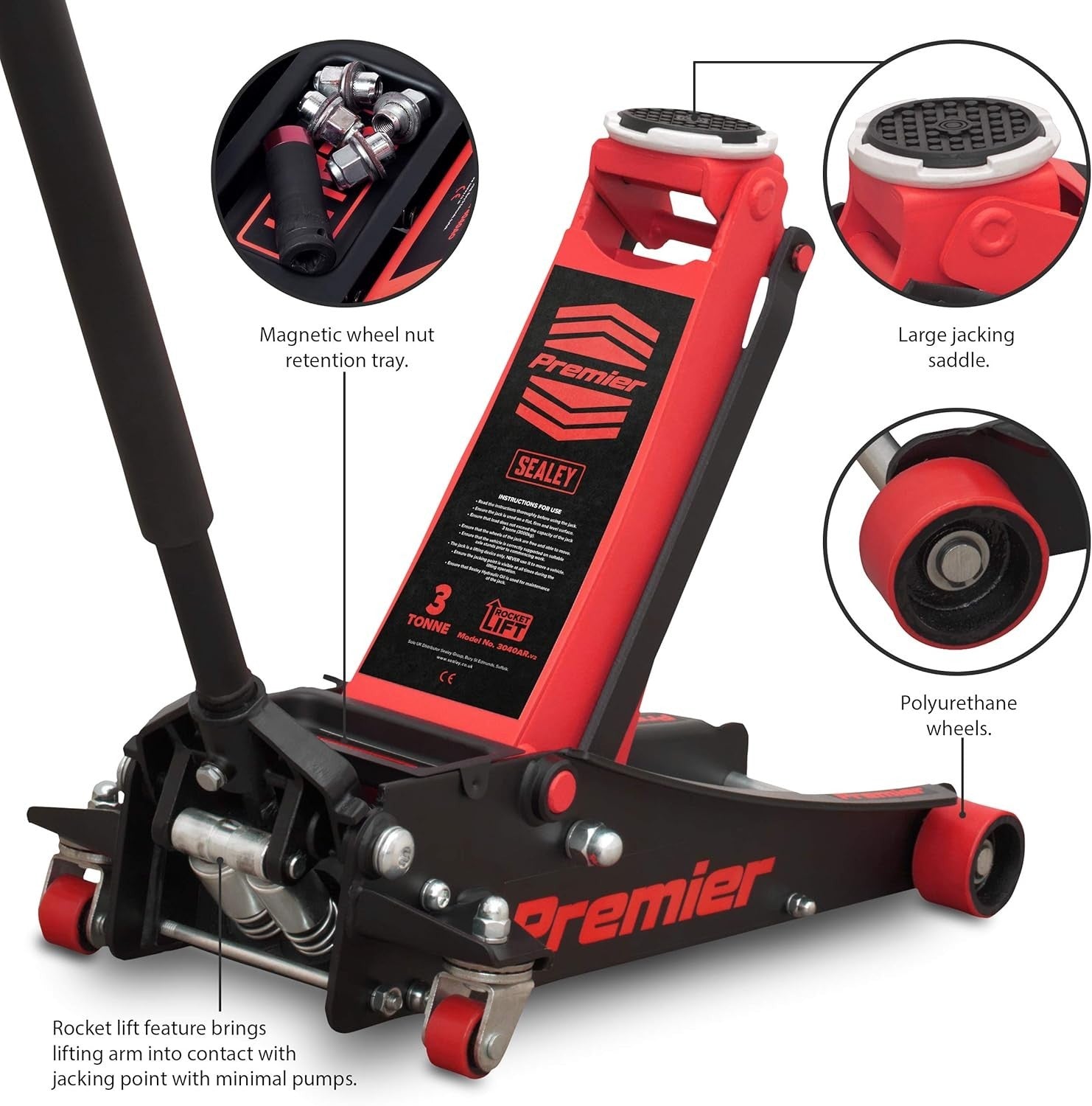 3 Ton Low Profile Trolley Jack Rocket Lift Heavy Duty Car Jack 100–533mm Red