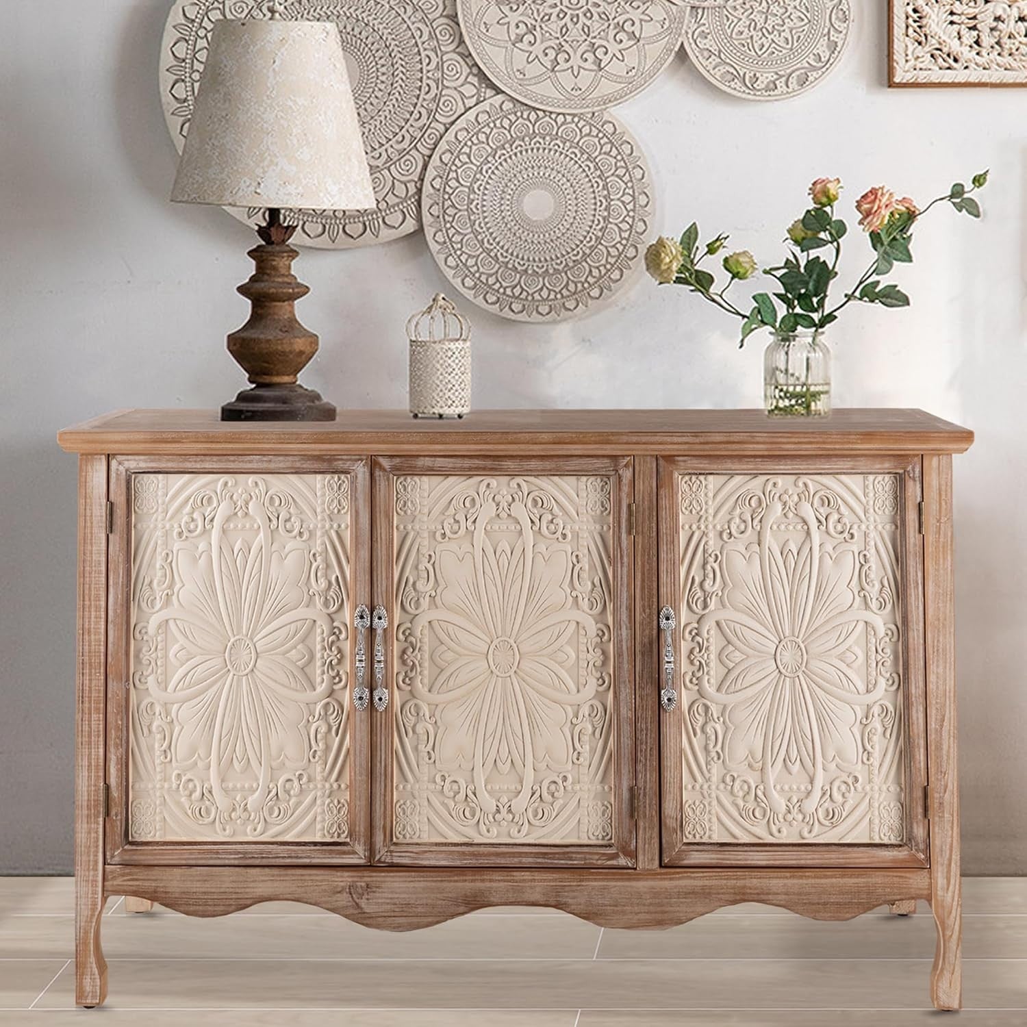 French Country Buffet Cabinet with 3 Doors Large Storage Natural Wood