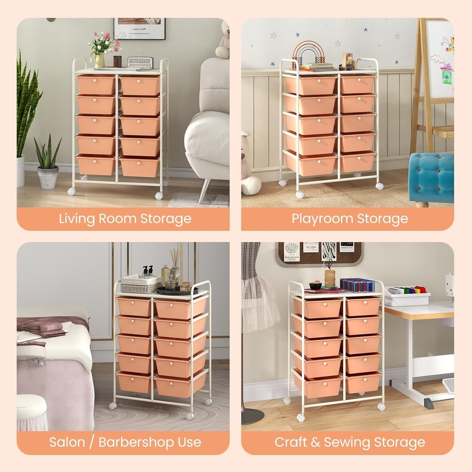 Peach 10 Drawer Rolling Storage Cart Utility Trolley Beauty Organizer